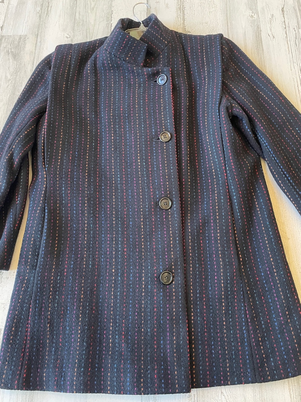 VINTAGE WOOL COAT SIZE 14 BLACK WITH MULTICOLORED THREADING MID LENGTH P… - Picture 14 of 15